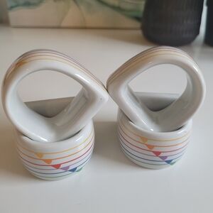 4 x Vintage Ceramic Napkin Holders Rings Colourful Rainbow Portugal